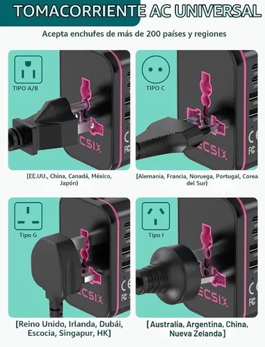 Vista 8 de Adaptador de viaje universal en todo el mundo, adaptador de enchufe de viaje europeo con 2 USB C, 2 USB A y múltiples salidas de CA, convertidor