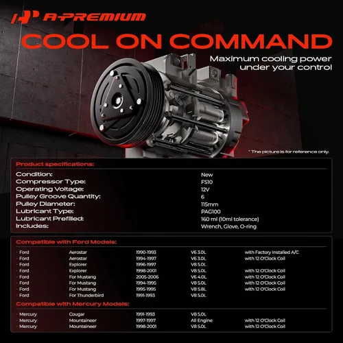 Vista 2 de A-Premium Compresor de CA con embrague compatible con Ford Explorer 1996-2001, Mustang 1994-1995 2005-2006, Aerostar, Thunderbird & Mercury Cougar