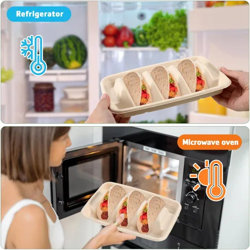 Vista 8 de Cabilock 50 platos desechables para tacos con divisores de 8.85 x 6.41 x 1.69 pulgadas, resistentes soportes para tacos para fiestas, bandeja