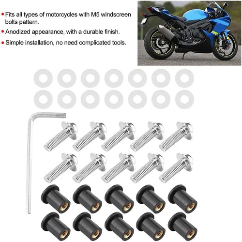 Vista 7 de Qiilu Kit de pernos para parabrisas, 10 piezas de pernos de parabrisas de motocicleta, arandelas de tuerca, kit de montaje universal de carenado