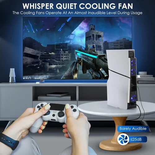 Vista 5 de Quiet Cooling Fan Station for PS5 Slim with Blue Light & USB 3.0 Hub, 2-Level Speed Cooling Stand Accessories for PS5 Console Slim,3 fans Digital