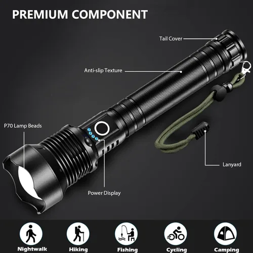 Vista 7 de Linternas recargables de 99,000 lúmenes, linterna LED súper brillante, altos lúmenes con cable USB, 5 modos, linterna impermeable, potente luz
