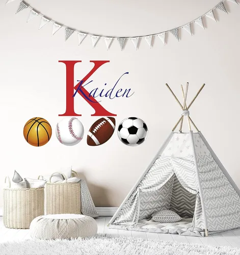 Vista 5 de Calcomanía de pared con nombre personalizado con inicial y pelotas deportivas, decoración artística de pared de fútbol, béisbol, baloncesto, fútbol