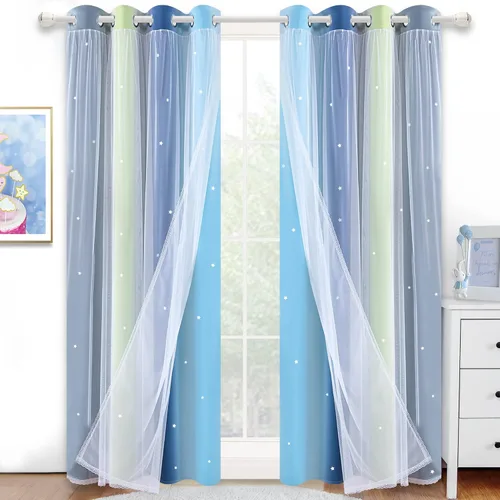 Vista 8 de Cortinas opacas con recorte de estrellas y arcoíris para guardería/habitación de niños/niñas, con superposición de tul, 2 paneles, cada una de 52