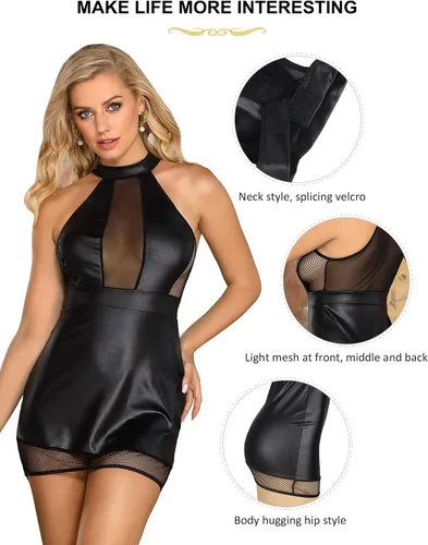 Vista 4 de ohmydear Vestido de lencería de cuero sintético para mujer, vestido de club de talla grande, vestido sexy de cuero para mujer