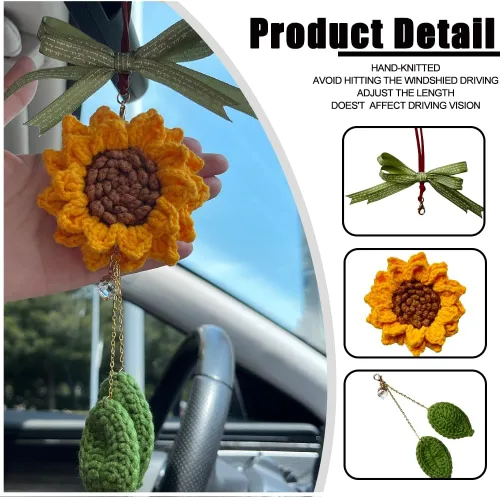Vista 2 de Accesorios de girasol para automóvil, bonitos accesorios para automóvil, hechos a mano, de punto, espejo retrovisor, adorno colgante para tus