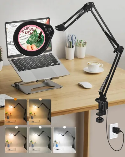 Vista 13 de Lupa 10X y 5X con luz, brazo oscilante ultra largo, 5 colores y 10 de brillo, lente de cristal real, lámpara de aumento grande para manualidades