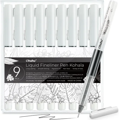 Vista 10 de Ohuhu Fineliner Bolígrafos Micro Dibujo: Puntas de 8 tamaños (ultrafinas, finas y con pincel) Tinta negra de pigmento impermeable para ilustración