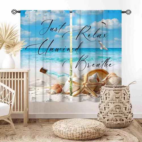 Vista 31 de Cortinas costeras, temática de playa de verano, acuarela, medusas náuticas, estrellas de mar, concha, caballito de mar, azul, opacas, cortinas