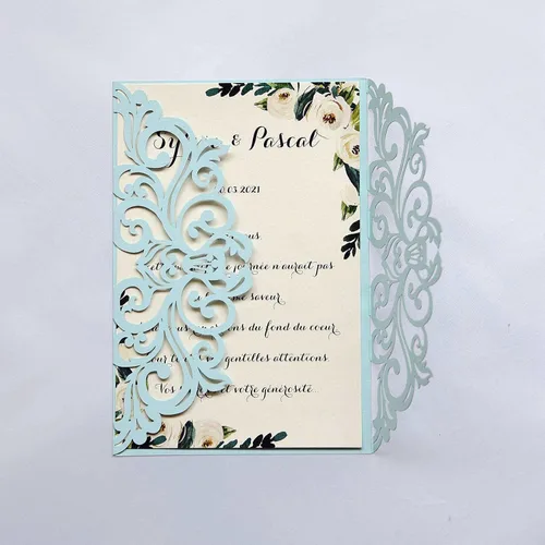 Vista 4 de 25 tarjetas de invitaciones de boda cortadas con láser de terracota con sobres, hojas interiores en blanco, cintas para boda, despedida de soltera