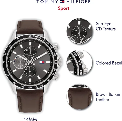 Vista 4 de Tommy Hilfiger Caja de acero inoxidable y correa de cuero para hombre Color marrón Modelo 1792015 Marrón