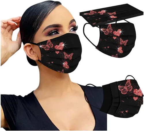 Vista 4 de 50 cubrebocas desechables de mariposa para mujeres, 3 capas para adultos, máscara de mariposa negra con diseño floral, máscara facial a la moda