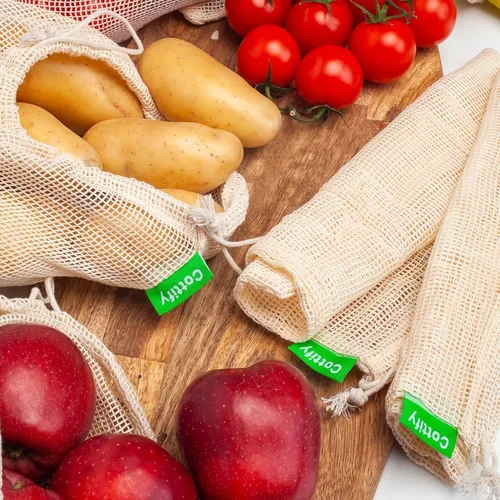 Vista 7 de 12+1 bolsas reutilizables para productos alimenticios, lavables, bolsas de malla de algodón orgánico, doble costura y peso de tara, bolsas de malla