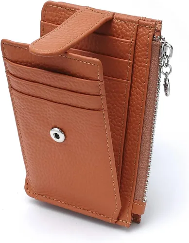Vista 13 de Cartera delgada para mujer, de piel auténtica, tarjetero delgado con bloqueo RFID, carteras pequeñas