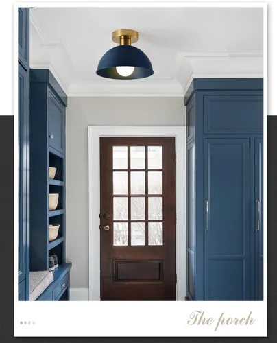 Vista 6 de Lámpara de techo industrial semiempotrada con placa dorada y pantalla azul, lámpara de techo de granja para cocina, isla, comedor, vestíbulo
