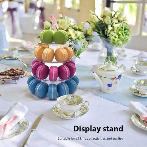 Vista 7 de Torre de macaron de 6 niveles, estante redondo de plástico para macarrones, soporte de postre transparente para tartas, soporte de donas para baby