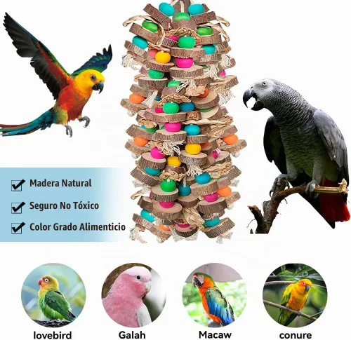 Vista 3 de Juguetes de pájaros grandes para guacamayos, bloques de madera multicolor juguete para masticar pájaros, jaula de loro, juguete de mordida