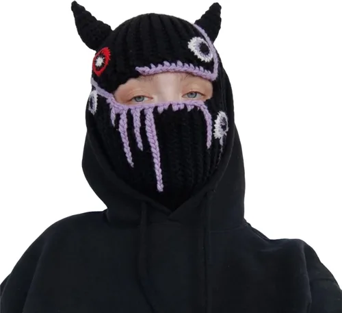 Vista 2 de Gorro de punto Y2k con cuerno de diablo y oreja de conejo largo, máscara de esquí, pasamontañas, accesorios para grunge