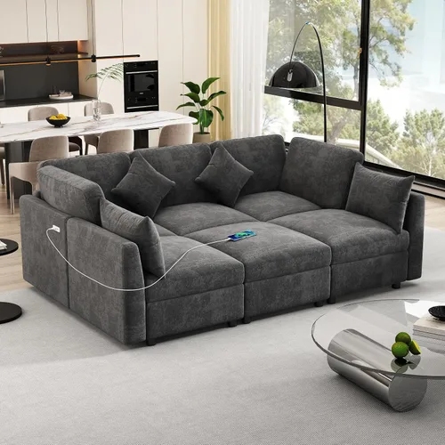 Vista 10 de JIVOIT Sofá modular modular de 93.7 pulgadas con otomana móvil, moderno en forma de U, sofá cama en forma de L con reposabrazos de almacenamiento