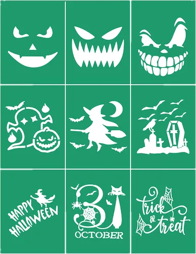 Vista 10 de JAJADO Plantillas de Halloween de pantalla de seda, 16 piezas, pintura de pasta de tiza reutilizable para pintar sobre madera, transferencias