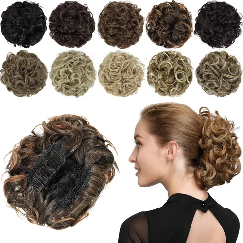 Vista 13 de Rose bud Postizo de Moño Rizado Extensiones de Moño Coletero Peinado Recogido Peinetas Sintéticas en Moño Desordenado Postizo de Cabello