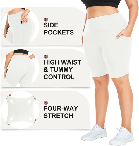 Vista 20 de MOREFEEL Pantalones cortos de ciclismo de talla grande de 8 pulgadas con bolsillos para mujer, cintura alta, control de abdomen, pantalones cortos