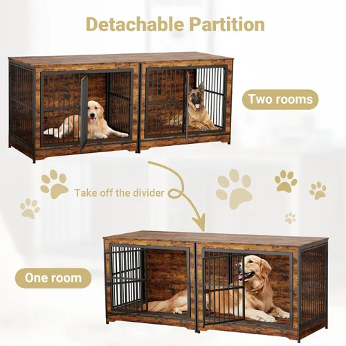 Vista 4 de Rovibek Mueble apilable para perrera de 86 pulgadas con divisor extraíble y 3 puertas, muebles de jaula doble para 2 perros, muebles esquineros