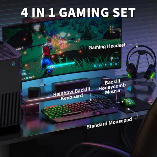 Vista 2 de AULA Combo de teclado para juegos, mouse y alfombrilla de ratón, paquete de teclado retroiluminado LED RGB, combo de teclado con cable USB