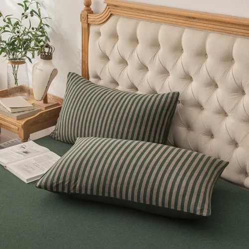 Vista 21 de PURE ERA Fundas de almohada de punto jersey 100% algodón tipo camiseta, súper suaves, cómodas, transpirables, juego de 2, estándar 20" x 26", rayas