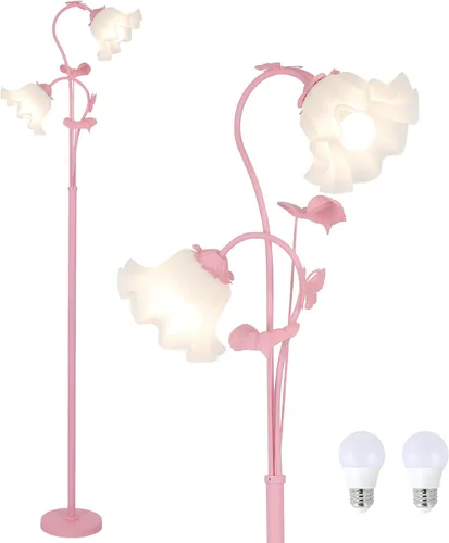 Vista 11 de HMVPL Lámpara de pie dorada para sala de estar, lámpara de pie de flor con 2 bombillas LED de 5 W, interruptor de pie, lámpara alta floral