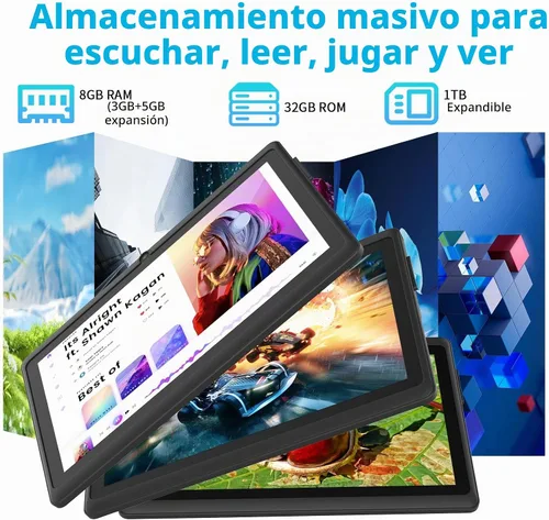 Vista 3 de Tablet de 7 pulgadas con funda, tabletas Android 15 de cinco núcleos, 8GB RAM 32GB ROM expansión de 512GB, pantalla IPS HD de 1024 x 600, 3500mAh