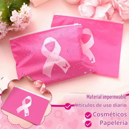 Vista 3 de Abbylike 100 bolsas de maquillaje para concientización sobre el cáncer de mama, bolsas de cosméticos a granel con cinta rosa, regalos