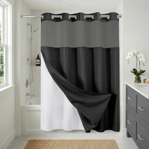 Vista 2 de Americanflat 72x75 cortina de ducha sin gancho con patrón de gofres - Cortina de ducha larga resistente al agua con panel transparente, forro