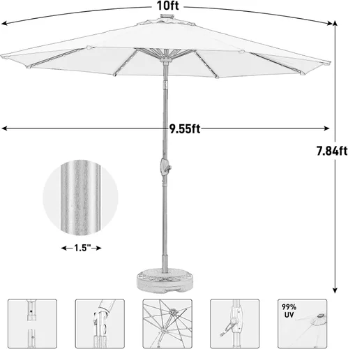 Vista 2 de Sombrilla solar de patio de 10 pies con base, 32 luces LED, sombrilla de mercado al aire libre con botón de inclinación y grietas para jardín Azul
