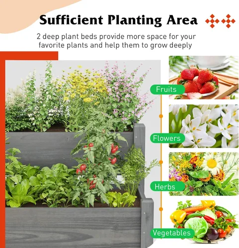 Vista 3 de Giantex Juego de 2 camas de jardín elevadas, caja de madera elevada, kit de cama elevada para flores, verduras, frutas, hierbas, contenedor de Gris