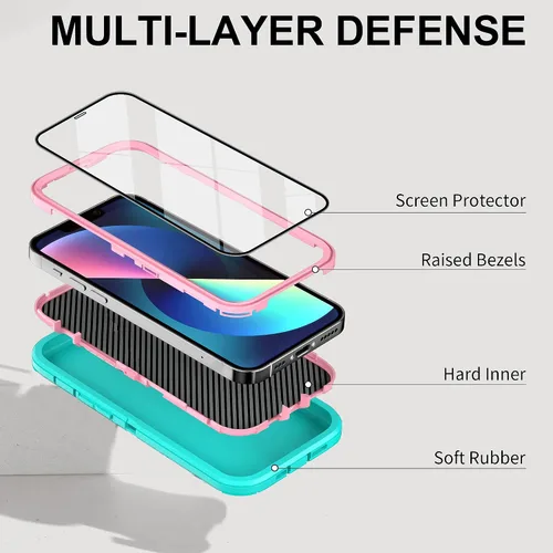 Vista 2 de Funda para iPhone 13 con 2 protectores de pantalla, resistente de grado militar, funda de cuerpo completo para hombres y mujeres (aguamarina + rosa)