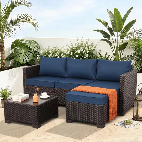 Vista 2 de Juego de muebles de patio de 3 piezas, juego de sofá modular para exteriores, muebles de mimbre para patio, sofá al aire libre, mesa auxiliar Azul