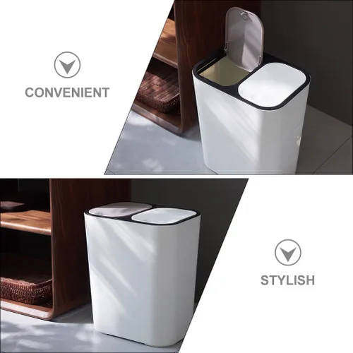Vista 9 de Bote de basura de doble compartimento para residuos de cocina, contenedor de basura blanco con tapa para separación seca y húmeda, elegante cubo