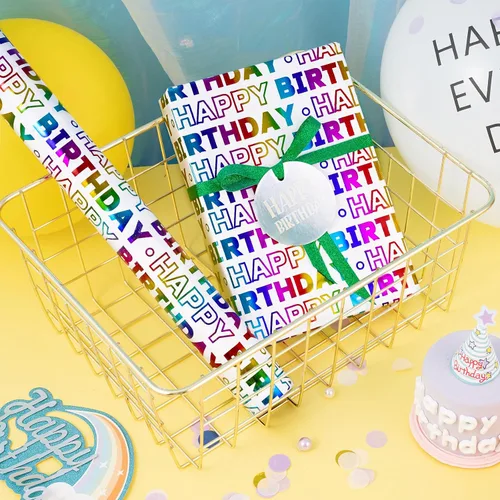 Vista 6 de LeZakaa Rollo de papel de regalo de cumpleaños, letras de feliz cumpleaños, diseño holográfico colorido para baby shower, envoltura de regalo
