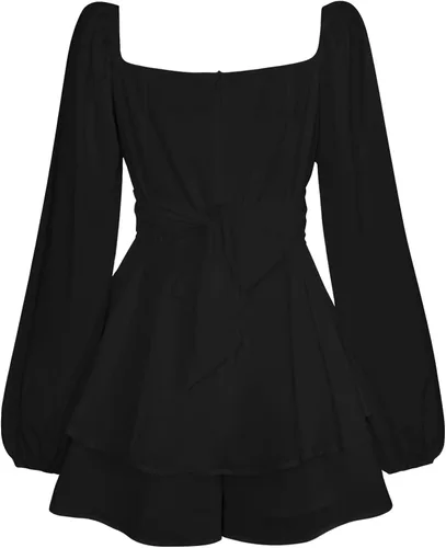 Vista 6 de Mameluco de manga abombada para mujer, vestido con volantes y hombros descubiertos con pantalones cortos de manga larga con capas fluidas de pirata