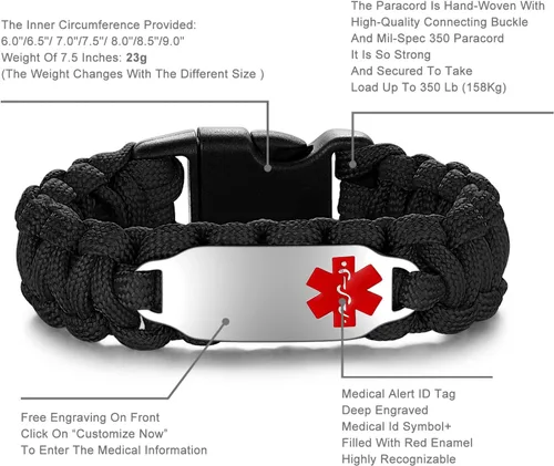 Vista 66 de Pulsera de alerta médica Paracord para hombres y mujeres Pulsera de identificación médica de acero inoxidable con hebillas de liberación lateral