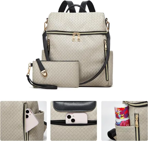 Vista 7 de Makes Mochila para mujer, de piel sintética, bolsa de viaje con diseño convertible con monedero, 2 piezas