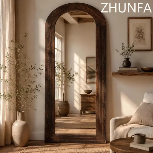 Vista 6 de ZHUNFA Espejo arqueado de cuerpo entero con marco de madera maciza, 65x22 Marco rústico marrón interno de tres capas