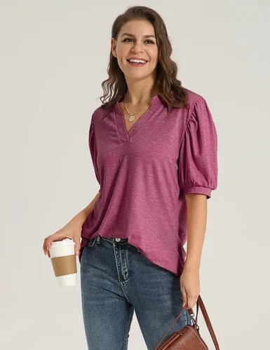 Vista 6 de YESNO Camisas de manga corta para mujer, estilo casual, cuello en V, blusas elegantes de manga abombada, TY0
