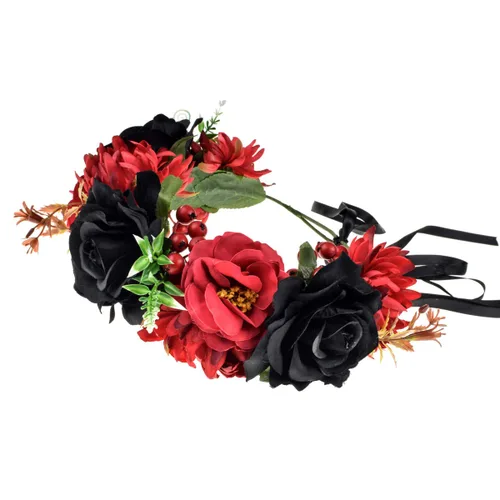 Vista 2 de Vividsun Diadema de flores del Día de los Muertos corona de flores de rosas rojo negro