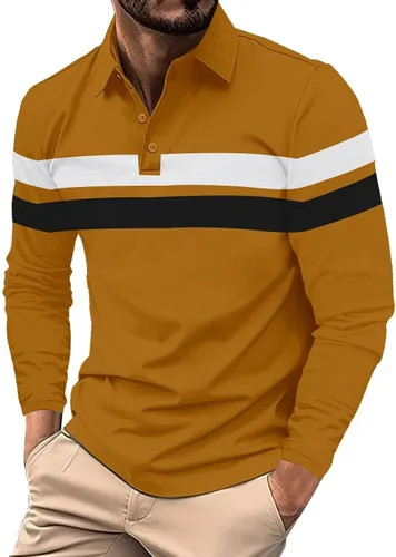 Vista 23 de Camisa polo para hombre, manga larga, cuello abotonado, bloque de color, moda para trabajo y golf