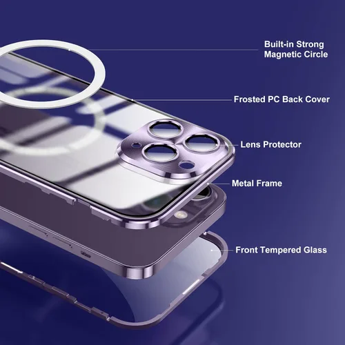 Vista 6 de Funda para iPhone 14 Pro Max, protección de doble cara de 360 grados compatible con Magsafe de absorción magnética, parachoques de metal frontal