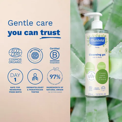 Vista 5 de Mustela Gel limpiador orgánico certificado – Gel de lavado natural para cabello y cuerpo con aceite de oliva y aloe vera – para bebés, niños