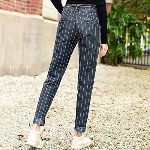 Vista 2 de Kabxryaclo - Pantalones vaqueros ajustados para mujer, con cinturón, rayas verticales, cintura baja, bolsillos vaqueros