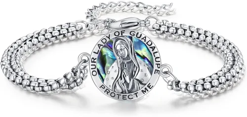 Vista 53 de Pulsera unisex de San Miguel/Cristóbal/Benedicto/Jude/José/Guadalupe/Ángel de la Guarda/Santa Muerte Pulsera de plata de ley 925 con cadena de doble